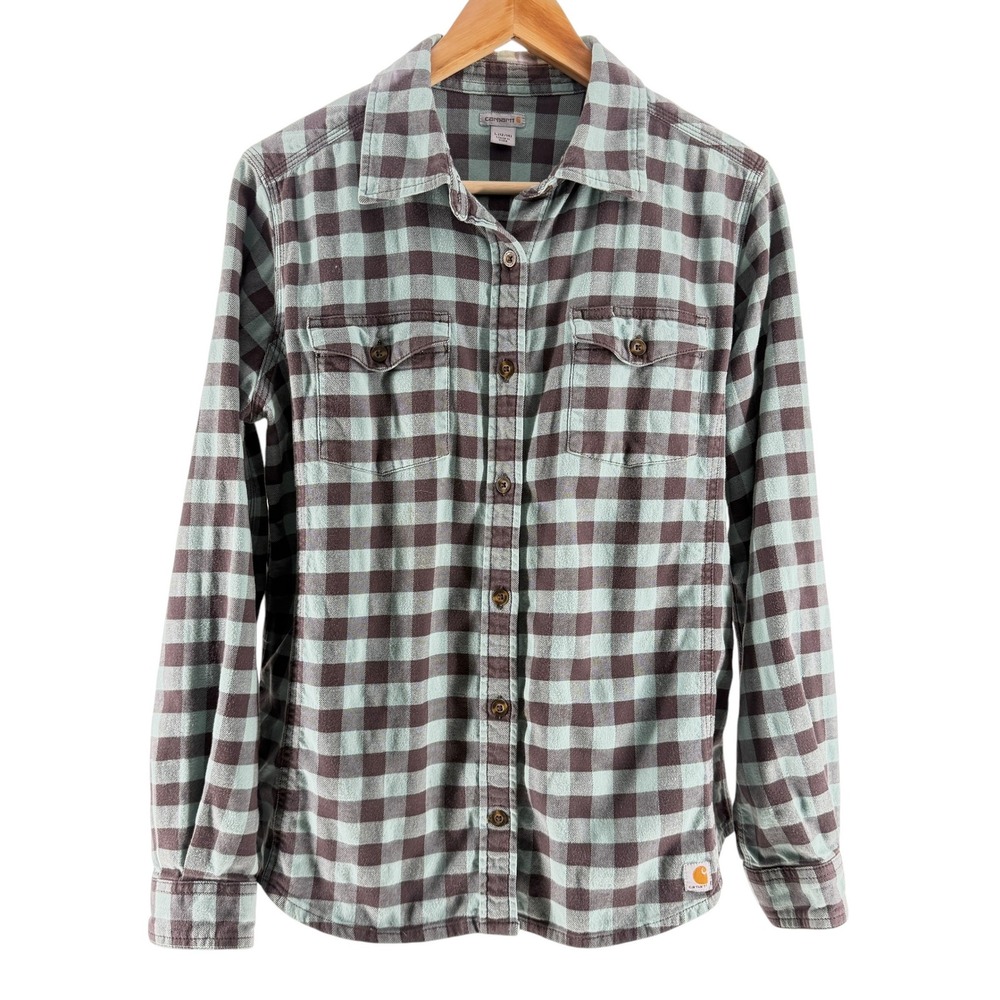 Carhartt Plaid Button Down Women L 12/14 Mint Brown Cotton Stretch Long Sleeve